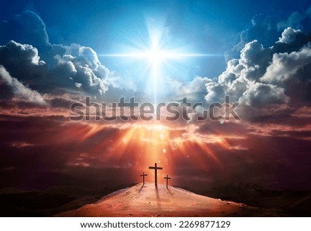 Resurrection - Light Cross Shape In Clouds - Risen - Jesus Ascends to Heaven Scene
 Royalty-Free Stock Photo #2269877129