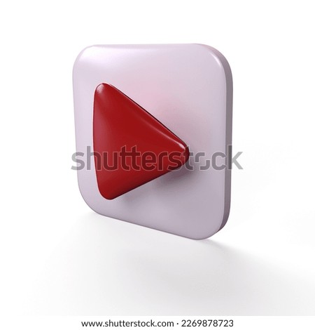 3D icon render social media red play video with shaddow on white background with clipping path. Button for start multimedia player concept of video online translation, audio playback illustration