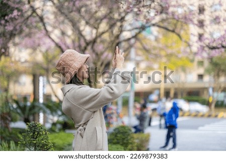 Woman take photo on cellphone of sakura flower