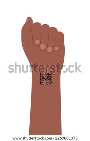 The hand with bent fingers and QR code tattoo on wrist. Chipping and control people, electronic admission, pass by code, exclisivity concept. Vector illustration.