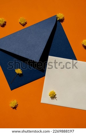 Beautiful little yellow chamomile daisies flowers on postal blue envelope on orange background, empty paper note copy space for text, spring time, greeting card for holiday. Minimalism concept Vivid