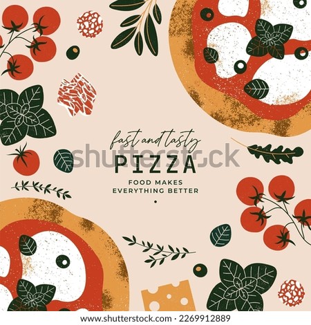 Italian pizza design template. Pizza Margherita with tomatoes and mozzarella. Vector illustration.