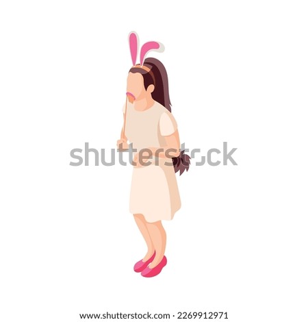 Photo booth props party isometric composition with human character wearing masquerade costume vector illustration