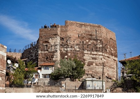 Ankara Old Castle, aerial view of house roofs, cityscape at sunset, Turkey