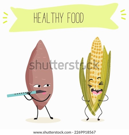 Illustration with corn, cob, mascot, maize,   corncob, sweet potato, yam funny characters    Funny and healthy food. Vitamins, cute face food, ingredients, vegetarianism, vector cartoon, antioxidant.