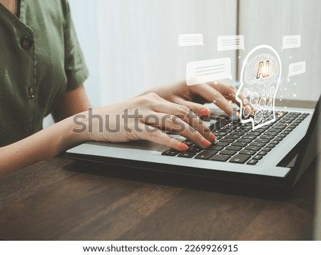 Young woman using. Chat with AI. Artificial intelligence operation using Chatbot. Help answering questions. Friend chat. Find future information. Royalty-Free Stock Photo #2269926915