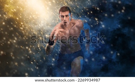Runner concept. Athlete sprinter running outdoors. Fitness and sport motivation. Trail run. Sports wall paper for fitness gym advertising. Picture for a sports article in a magazine