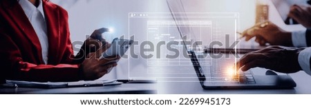 Project manager working with Gantt chart schedule to plan tasks and deliverables. Scheduling activities with a planning software, Corporate strategy for finance, operations, sales, marketing. Royalty-Free Stock Photo #2269945173
