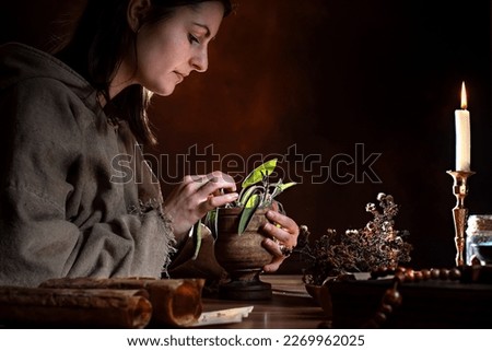 Pretty medieval healer studies herbs Royalty-Free Stock Photo #2269962025
