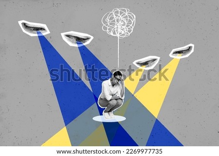Collage 3d image of pinup pop retro sketch of depressed sad young woman avoid big watching spying eyes blue yellow ukrainian flag colors