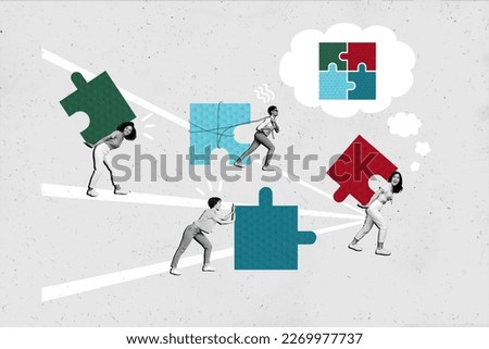 Composite collage picture image of four woman working together puzzle jigsaw project job idea start up task solution human resources
