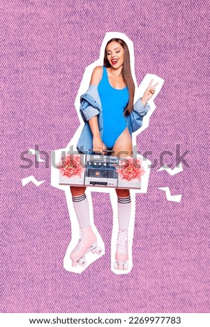 Photo cartoon comics sketch collage picture of cool funny lady showing v-sing listening boom box isolated drawing background