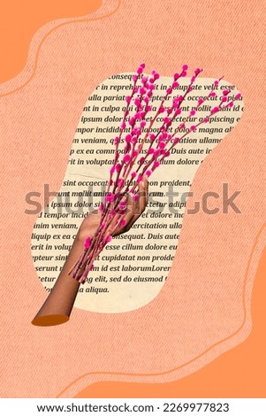 Collage artwork graphics picture of arm holding spring brunches bouquet isolated painting background