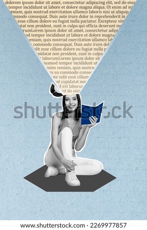 Vertical collage picture of black white gamma positive girl hold book opened head text page isolated on painted background