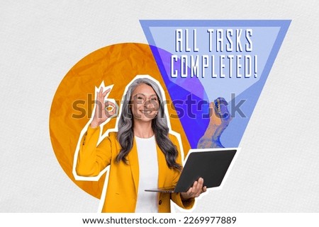 Creative photo 3d collage artwork poster picture of responsible lady boss done task completed assignments isolated on painting background