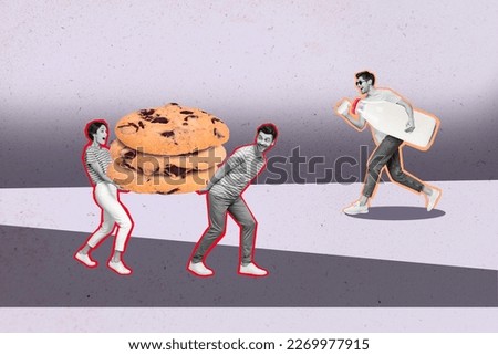 Creative photo 3d collage artwork poster of people going people lunch work pause break isolated on painting background