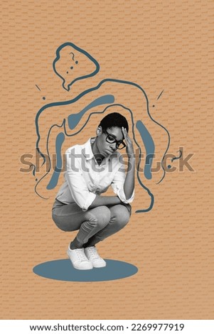 Vertical collage image of black white effect unsatisfied person have bad mood questioned isolated on drawing background