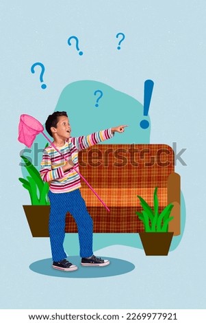 Creative 3d photo artwork graphics collage painting of funky excited little boy having fun home alone isolated drawing background