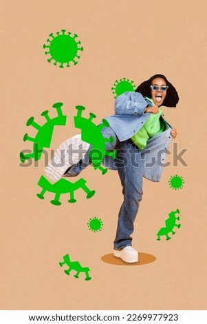 Vertical collage image of excited positive girl leg kick destroy virus bacteria influenza isolated on painted background