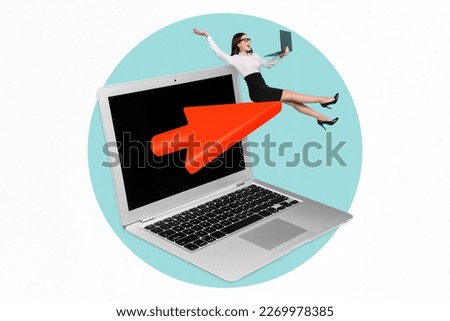 Creative photo 3d collage artwork poster of hardworking lady sit big arrow move ahead professional growth isolated on painting background