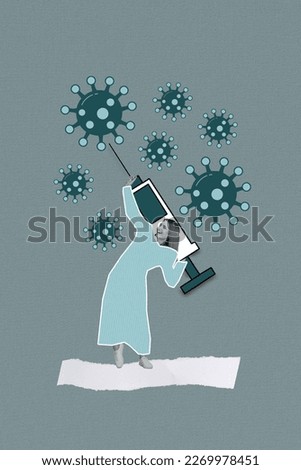 Collage artwork graphics picture of happy smiling lady doc making covid 19 antidote vaccine isolated painting background