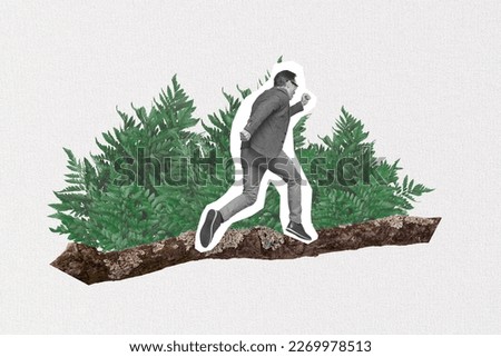 Minimalistic collage photo picture poster of mature man escape city life dream nature isolated on drawing background Royalty-Free Stock Photo #2269978513
