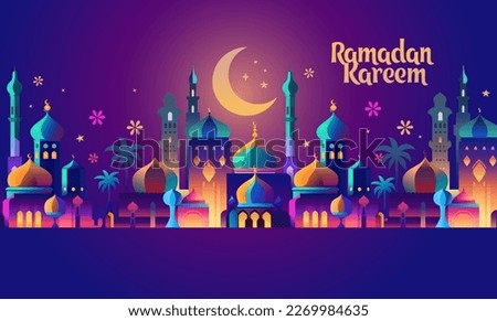 Ramadan Kareem greeting card or banner vector illustration of lantern Fanus. the Muslim feast of the holy month of Ramadan Kareem. Translation from Arabic: Generous Ramadan mosque, crescent wallpaper Royalty-Free Stock Photo #2269984635