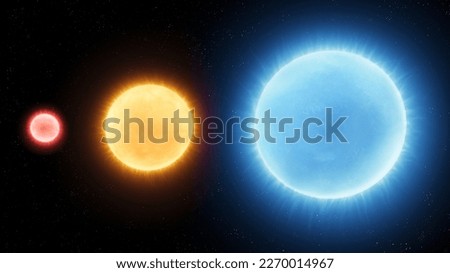 Sun, blue giant star and red dwarf on a black background. Comparison of color temperature and size of different types of stars.