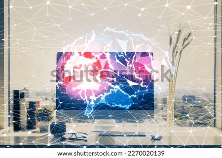 Double exposure of desktop with computer and brain drawing hologram. Artificial intelligence concept.