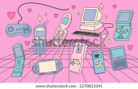 Set of retro games, consoles, mp3 player, flip phone, computer. 2000s style technology. Old style gadgets. Nostalgia set of 1990s, 2000s electronics devices. Y2K and retrowave style illustration Royalty-Free Stock Photo #2270021045