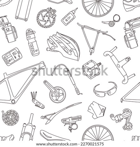 Line icon style seamless vector pattern of of bicycle parts, components, spares and accessories. 