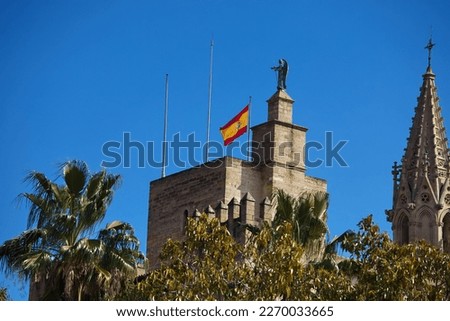 The flag of Spain on a blue sky background, Mallorca. Spanish flag on top of the building surrounded by green palm trees. Spanish beautiful historical architecture. Symbols of the state power of Spain