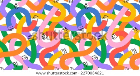 Diverse colorful people hands together seamless pattern illustration. Funny multicolor hand community background print. Friend team, business teamwork or community help texture drawing. Royalty-Free Stock Photo #2270034621