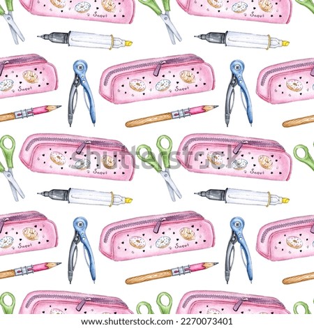 Watercolor illustration pattern office seamless pattern, school supplies: pencil case, pens, pencils, scissors, compasses, marker. Back to school. Isolated on white background