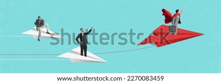 Conceptual design. Contemporary art collage. Employees, men sitting on paper planes and working. Flying to success and professional growth. Concept of business, career development, teamwork. Banner