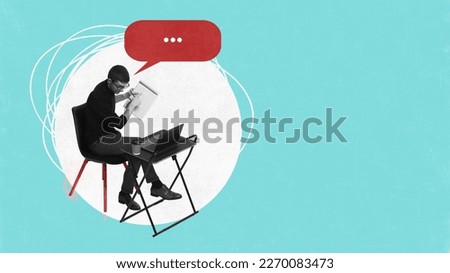 Conceptual design. Contemporary art. Online meeting, briefing. Businessman sitting at table and talking on video call with employees on laptop. Concept of business, career development, brainstorming