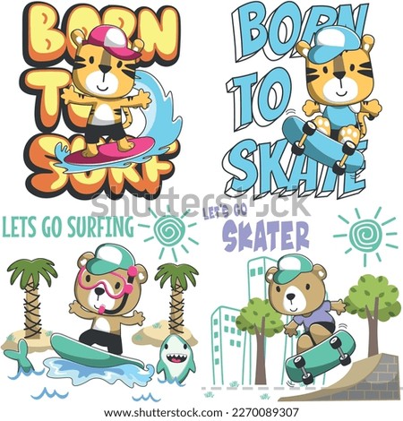 Set of cartoon kid animal activity. Tiger and bear surfer and skateboarder. Cartoon Isolated objects on white background. Concept for children print.