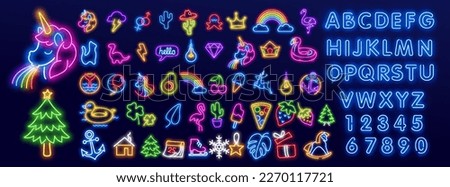 Pop art icons set. Pop art neon sign. Bright signboard, light banner. Neon isolated icon, emblem. Heart, diamond, pizza, smile, hand, ice cream, star, donut and unicorn vector neon icon