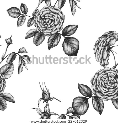 Hand drawn tea rose flowers. Seamless pattern.