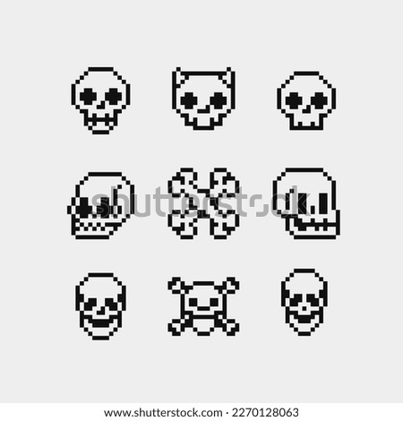 Bones pixel art icons, skull character. Design for logo game, Halloween greeting card, sticker, web, mobile app, badges and patches. Isolated vector illustration. Game assets. 