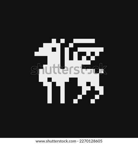 Tales animal emoji. Unicorn Character pixel art icon, minimalist style, design for logo, web, sticker, mobile app, isolated black and white vector illustration. Game assets 1-bit sprite.