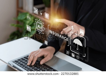 Businessman using laptop with AI tech auto insurance service concept, travel insurance data management, fast solve problem, service, digital transformation, protection, digital application. Royalty-Free Stock Photo #2270132881