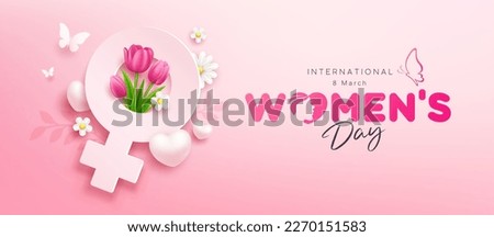 Happy women's day female symbol with tulips flowers and butterfly, heart, white flower, banner concept design on pink background, EPS10 Vector illustration.
