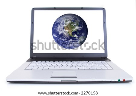 high tech laptop with globe on screen, shot with wide