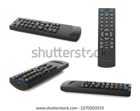 Collage of remote controller on white background, different angles Royalty-Free Stock Photo #2270203553