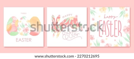 Happy Easter  cards set. Colorful holiday design with hair, eggs, rabbit, lettering, flowers. Watercolor texture.
