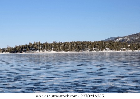 Big Bear Lake icy water during the winter. San Bernardino Mountains in southern California.
