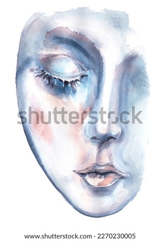 Watercolor woman's face closeup portrait. Winter themed design. Woman face with frozen eye lashes  illustration. Fairytale concept. Snow Queen theme.