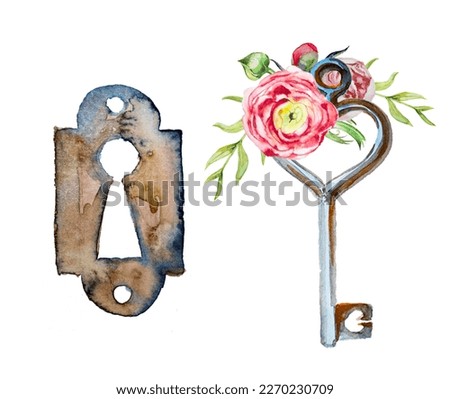 Beautiful watercolor vintage keys and keyhole illustration isolated on a white background. Hand drawn antique key clipart. Old keys set for card,invitation,banner,branding.