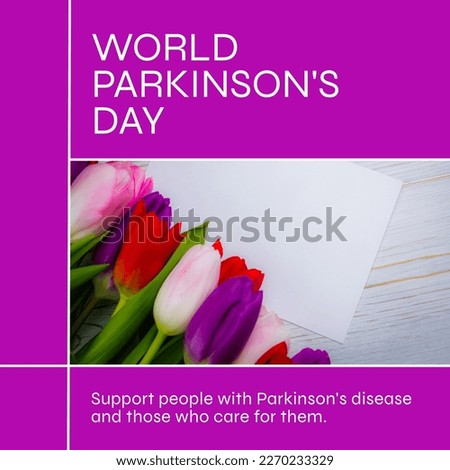 Image of world parkinson's day text over blank card and colourful flowers with copy space. World parkinson's day and celebration concept digitally generated image.